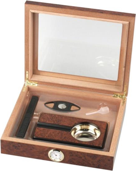 Humidor-Set 'London' Wurzelholz-Design Glasdeckel für ca.15 Cigarren