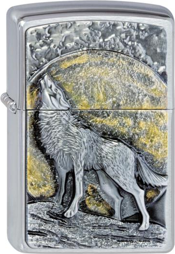 Original ZIPPO chrome gebürstet Plakette Wolf at Moonlight