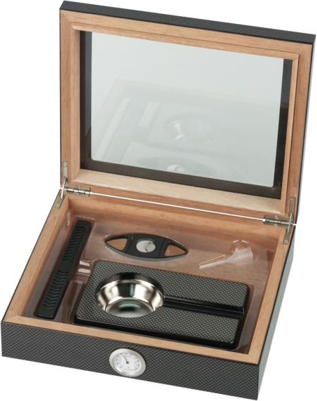 Humidor-Set Carbon-Design Glasdeckel für ca. 15 Cigarren