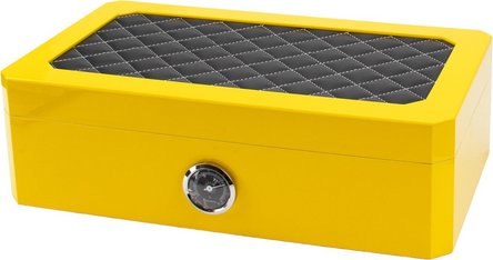 Humidor gelb Pianolack mit schwarzem Leder und weißer Steppung